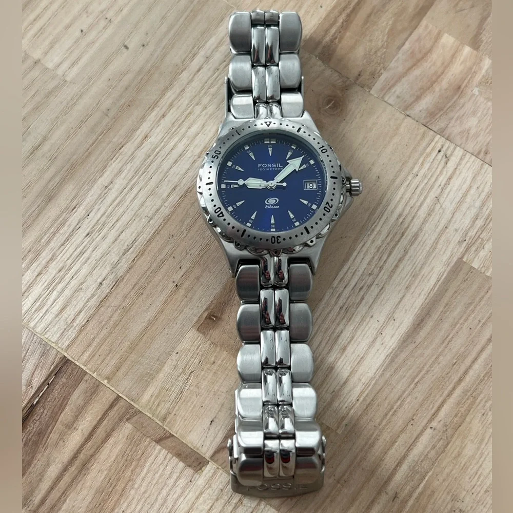Fossil Blue Watch Stainless Weave Bracelet Dark Blue Dial Date Window